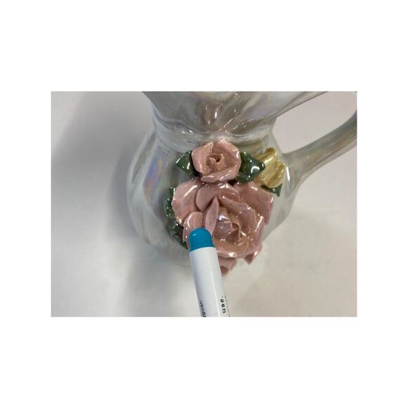 Vintage Small 4½" Tall Lustreware Pitcher 3D Sculpted Porcelain Pink Rose - Picture 3 of 9